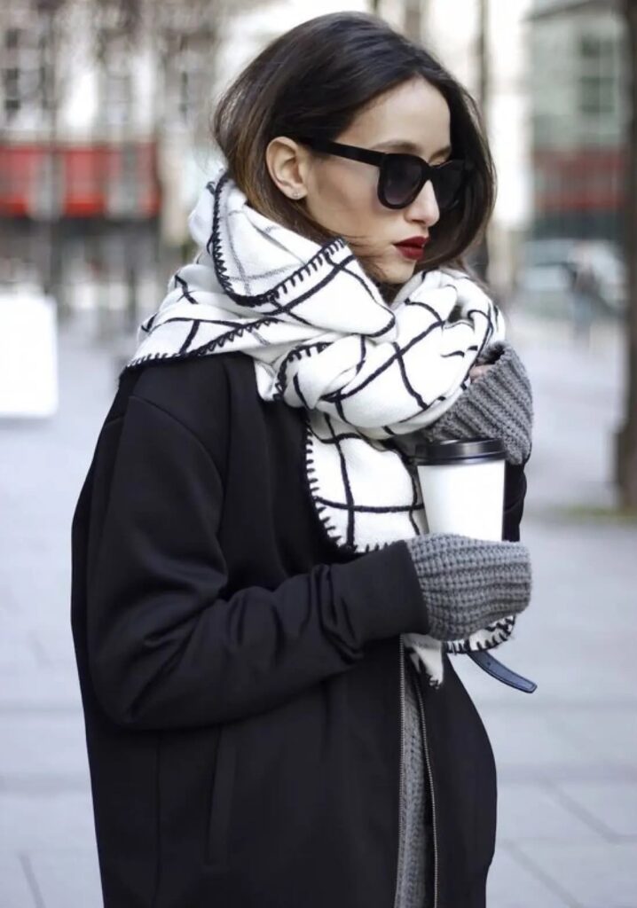 White cashmere scarf with black stripes casual look
