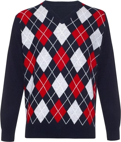 Lona Scott Men's Pure Cashmere Argyle V Neck Sweater